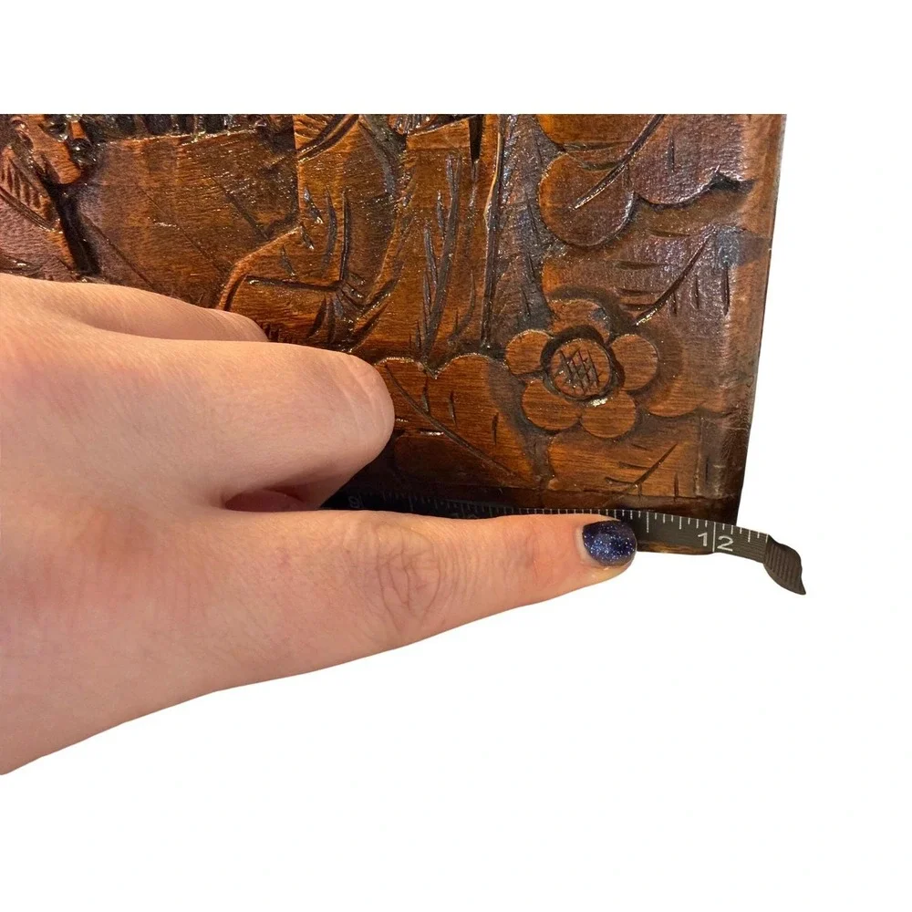 Vintage Hand Carved Camphor Wood Jewelry Box Asian Village Scene Brass Latch 12